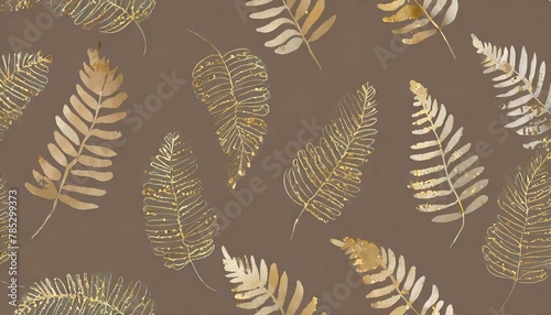 Background, wallpaper with golden fern leaves on a brown background. Graphics with a delicate plant motif photo