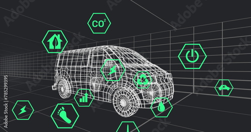Image of digital car interface and eco icons over 3d model of car