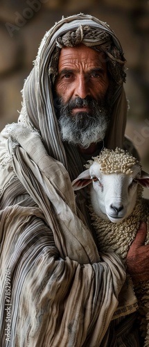 Man from ancient Israel holding a sheep, authentic costume, backlit  , 8K , high-resolution, ultra HD,up32K HD photo
