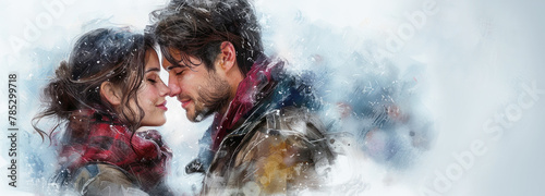 Couple in love. Watercolor illustration of kissing and hugging couple. Romantic date. Valentine's day card.Cover of a book about love, illustration for a romance novel, banner.