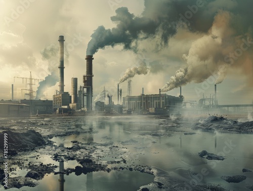 A stark depiction of industrial pollution with thick smoke billowing from factory chimneys, casting a haze over a desolate and polluted landscape