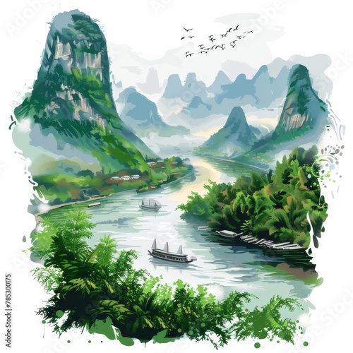 A painting of a river with boats and mountains in the background