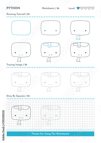 How to Draw Doodle Python, Cartoon Character Step by Step Drawing Tutorial. Activity Worksheets For Kids