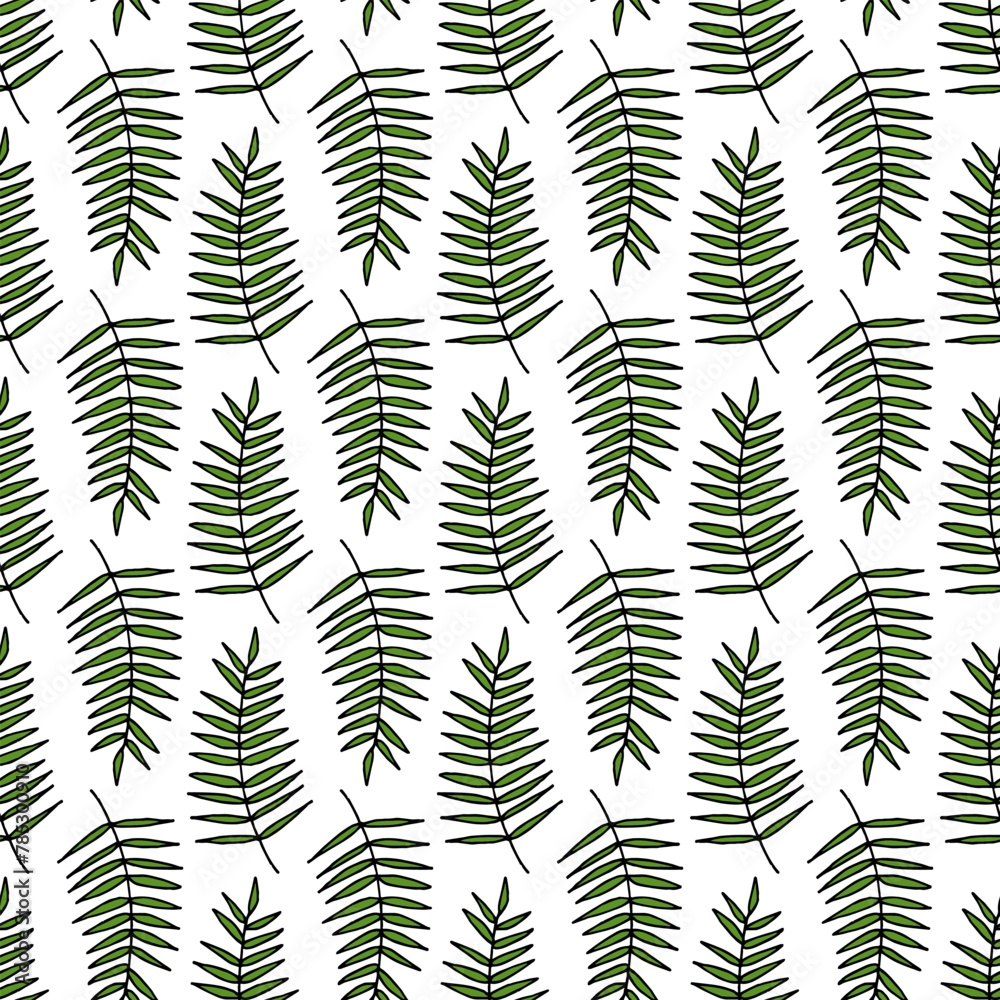 Cute seamless pattern with green branches on white background. Vector image.