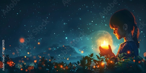 A person character participating in Earth Hour keeper of the candle exploring the tranquil night under a starry sky photo
