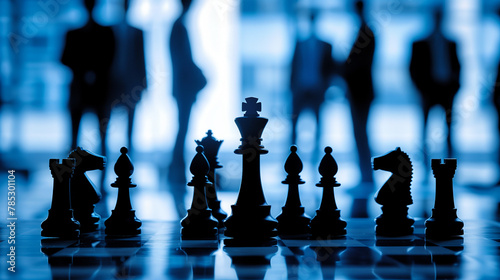  Chess pieces on a board with silhouettes of people in the background, in a monochromatic blue tone.