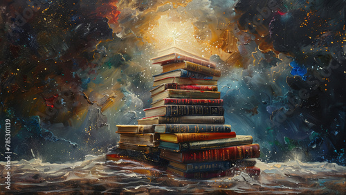 Wisdom Illuminated: Oil Painting of Towering Stack of Books for World Book Day