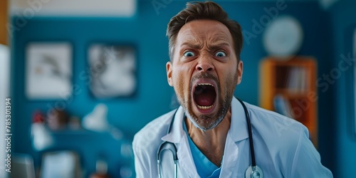 Frustrated Medical Professional Screaming in Crisis Moment with Exasperated Facial Expression Demanding Urgent Care or Treatment