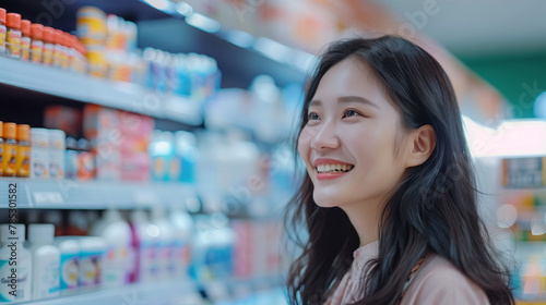 Free Download Smiling  asian woman at the pharmacy, in drugstore, store,  buying vitamins - GFXLoad
