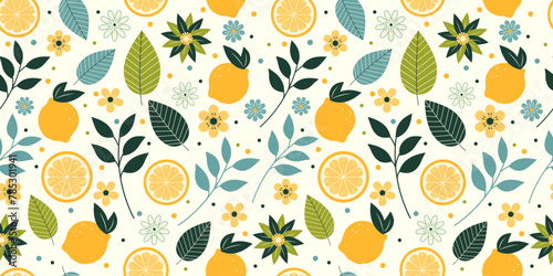 Tropical seamless pattern with yellow lemons, leaves and flowers isolated on cream background. Fruit summer background. Vector bright modern abstract print for paper, cover, fabric