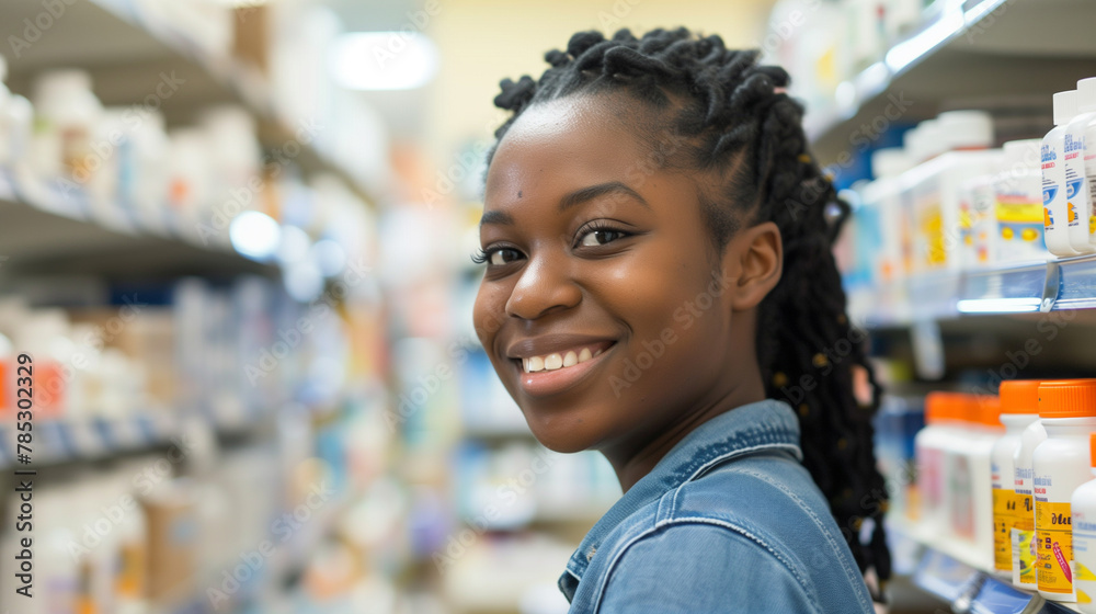Smiling african american woman at the pharmacy, in drugstore, store, buying vitamins Smiling african american woman at the pharmacy, in drugstore, store, buying vitamins