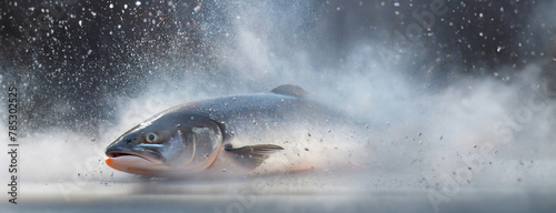 A salmon flash freezing. The chill in the air crystallizes instantly, preserving the fish's freshness.