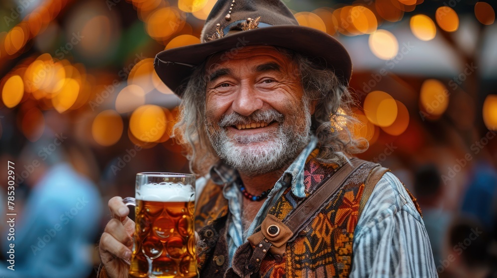 man with beer mug, Oktoberfest in Munich: Cheerful images of beer tents, traditional Bavarian attire, folk music, dancing, and merrymaking during Oktoberfest celebrations in Munich, Germany, showcasin