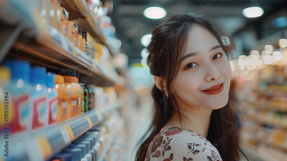 Smiling  asian woman at the pharmacy, in drugstore, store,  buying vitamins