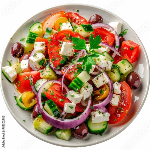 Greek Salad in Light Plate Isolated, Villages Salad or Horiatiki with Tomatoes, Diced Cucumbers, Onion