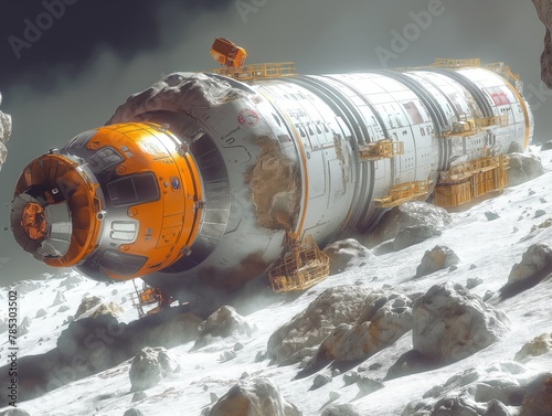 A large orange and white space ship is laying on the ground. The ship is covered in rust and he is in a state of disrepair. The scene is desolate and barren, with no signs of life or activity photo