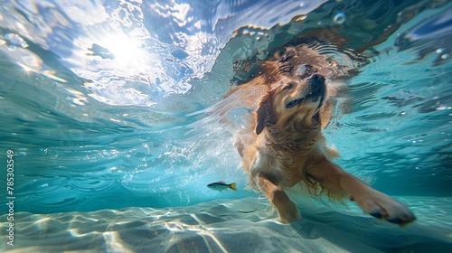 A golden retriever was swimming underwater in the clear blue water of an outdoor pool. It was captured from below with a fisheye lens, and sunlight was creating beautiful reflections on its fur.