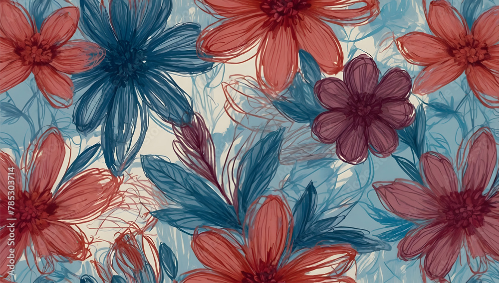 Floral seamless pattern with red and blue flowers
