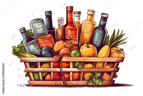 Shopping basket with food drink bottle fruit transparent background.
