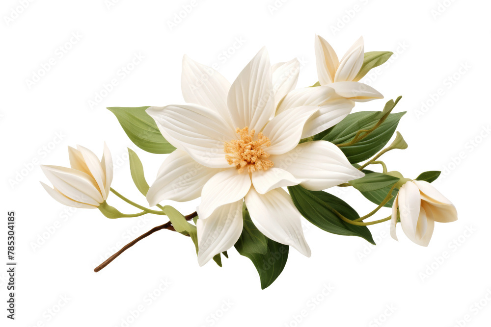 Ethereal Bloom: White Flower and Green Leaves Dancing on a Blank Canvas. On a White or Clear Surface PNG Transparent Background.