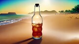 A glass bottle of soda stands on the beach. Setting sun on the sea