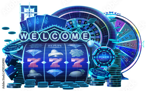 Blue wireframe display of an array of casino game elements including poker chips, roulette wheel, slot machine reels, dice, and four aces playing cards. 3D illustration