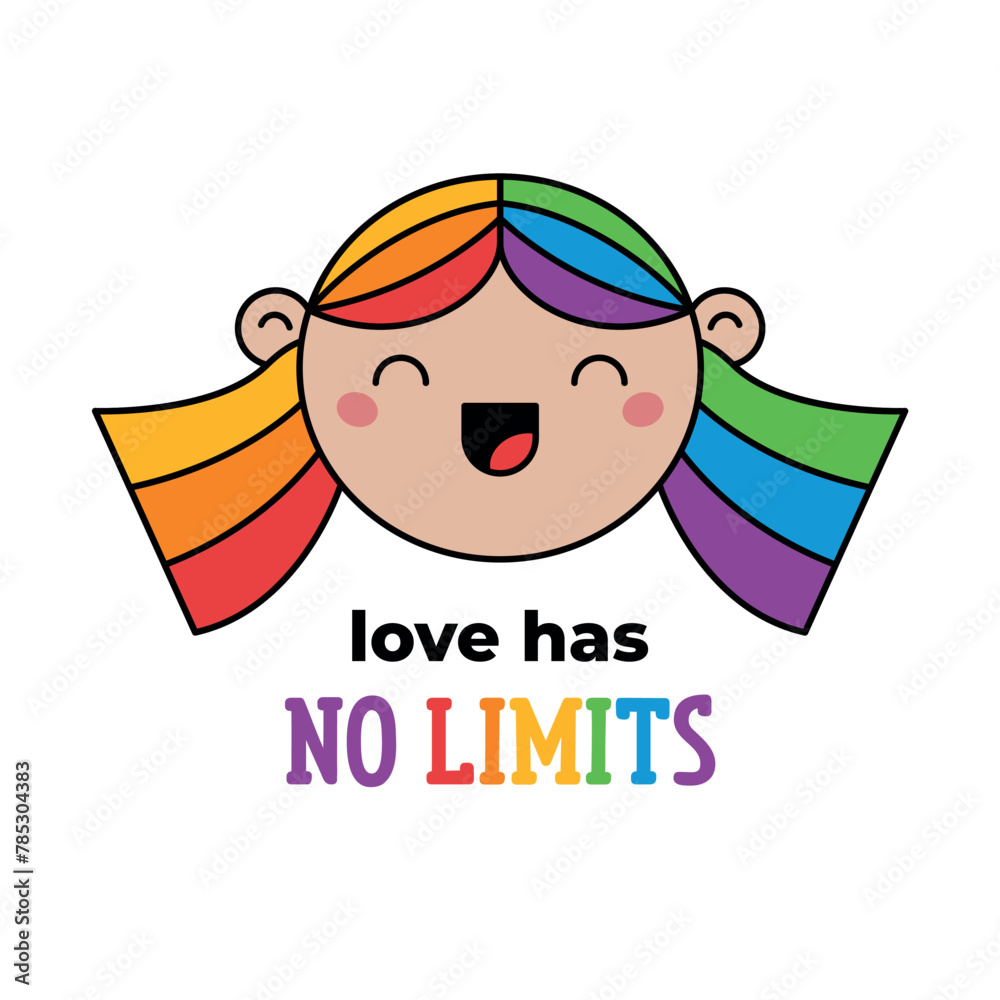 Love has no limits, text phrase and happy girl face with colored rainbow hair. LGBTQI+ flat vector illustrations for fabric print and other Love has no limits, text phrase and happy girl face with colored rainbow hair. LGBTQI+ flat vector illustrations for fabric print and other