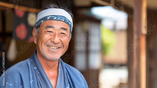 A Japanese man wearing a white headband is smiling. He is standing in front of a building. a clean-shaven, well-groomed 50-year-old Japanese carpenter, wearing a headband (hachimaki) smiling in camera