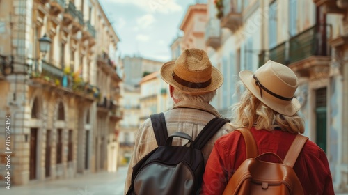 Photo an elderly couple of tourists strolling along a city street in hats and backpacks