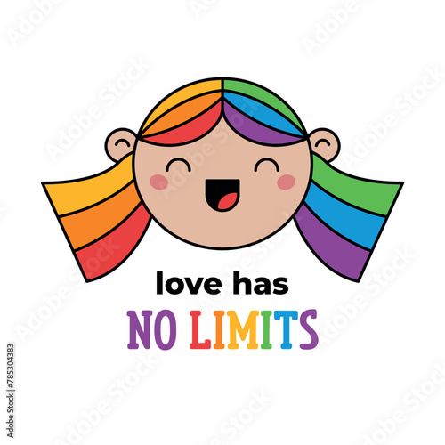 Love has no limits, text phrase and happy girl face with colored rainbow hair. LGBTQI+ flat vector illustrations for fabric print and other (ID: 785304383)
