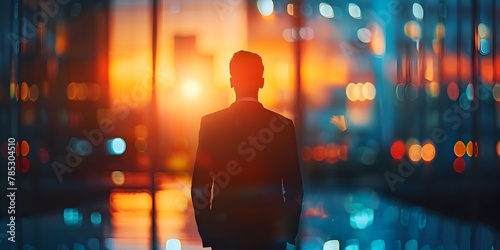 Silhouetted business figure contemplating company s future in the glowing cityscape at dusk