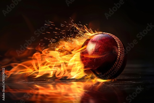 Burning cricket ball with bright flame splash flying on black background