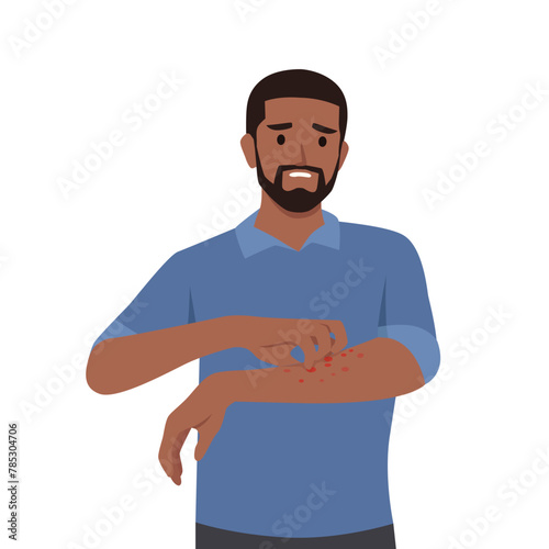 Young man scratching arm. Guy suffering from strong allergy skin itchy symptom concept. Flat vector illustration isolated on white background