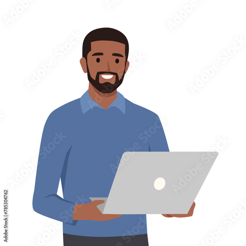 Young black man holding or using laptop computer. Laptop computer technology. Flat vector illustration isolated on white background