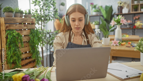 Caucasian redhead woman with headphones using laptop in florist shop surrounded by plants and flowers.
