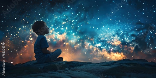 Child Character Gazing at Cosmic Cosmos Dreaming of New Innovations and Discoveries Amid Enchanting Starry Skies