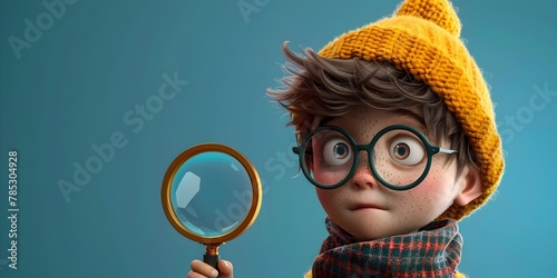 Fascinated Child Character Closely Examining Details with Magnifying Glass Exploring the Wonders of Discovery and Curiosity photo