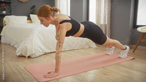 A fit young woman practices a plank exercise on a pink yoga mat in a modern bedroom setting.