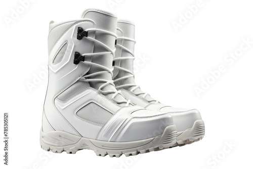 Frozen in Time: Ethereal White Snowboard Boots Floating on Pure White Background. On a White or Clear Surface PNG Transparent Background.