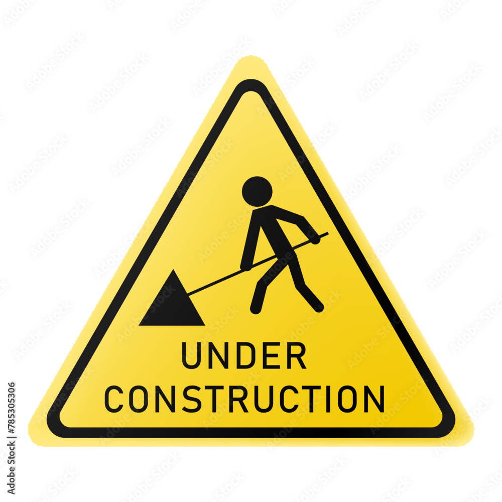 Under construction road sign with man and a shovel. Under construction warning sign. Triangle yellow sign. Be careful at construction site. Repair work. Under construction road sign with man and a shovel. Under construction warning sign. Triangle yellow sign. Be careful at construction site. Repair work.