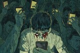 Youth addicted to mobile phones looking like zombies with eyes bleeding