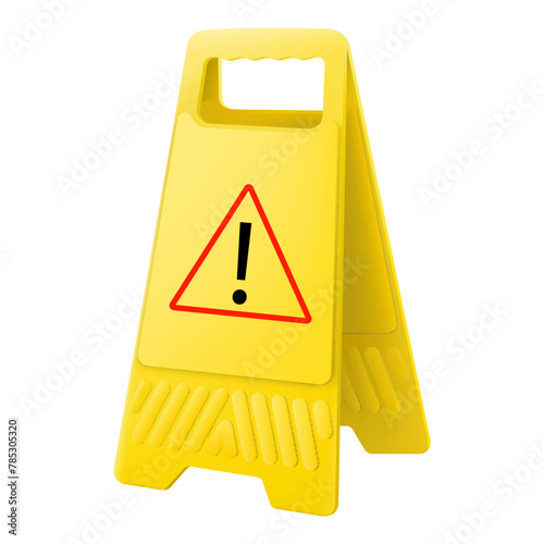Carefully, work in progress. Exclamation mark icon on plastic yellow board, isolated on white background. Public warning symbol. Realistic 3d vector illustration