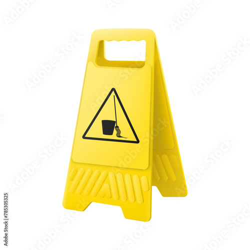 Cleaning in progress sign. Wet floor caution sign,isolated on white background, standing caution sign board. Double-sided folding yellow display stand. Slippery surface. Realistic 3d Vector