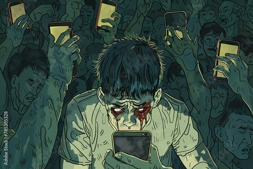 Youth addicted to mobile phones looking like zombies with eyes bleeding