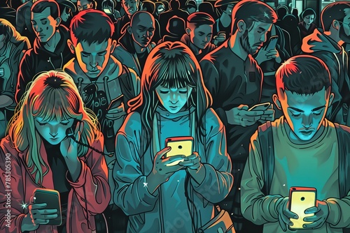 young people with cell phones acting like zombies or junkies