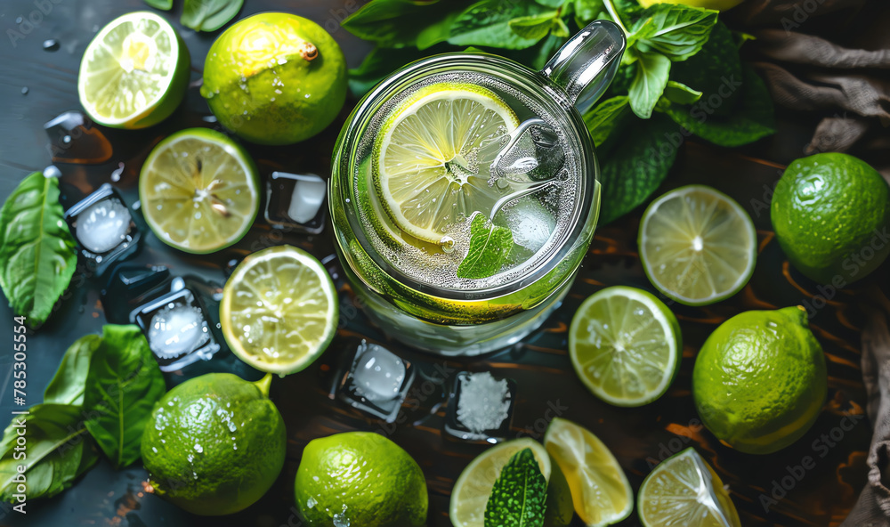 A glass of water with lime and mint on a table. A glass of water with lime and mint on a table.