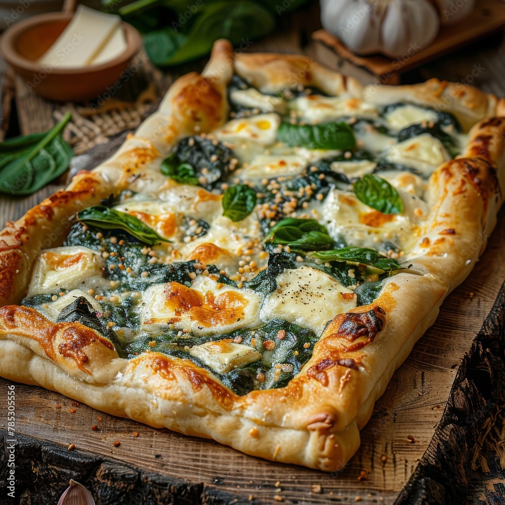 Fototapeta premium Square Khachapuri, Traditional Hachapuri, Delicious Tender Dough with Spinach, Melted Cheese