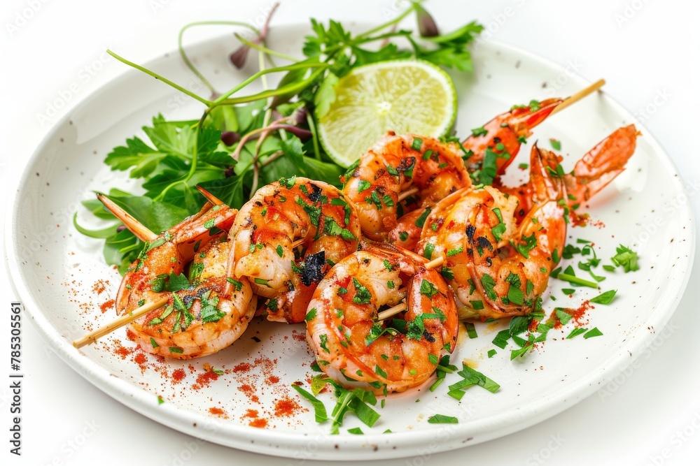 Skewered Tiger Prawns, Grilled King Shrimps, Prawns Fried with Garlic, Herbs, Spices, Lime and Greens