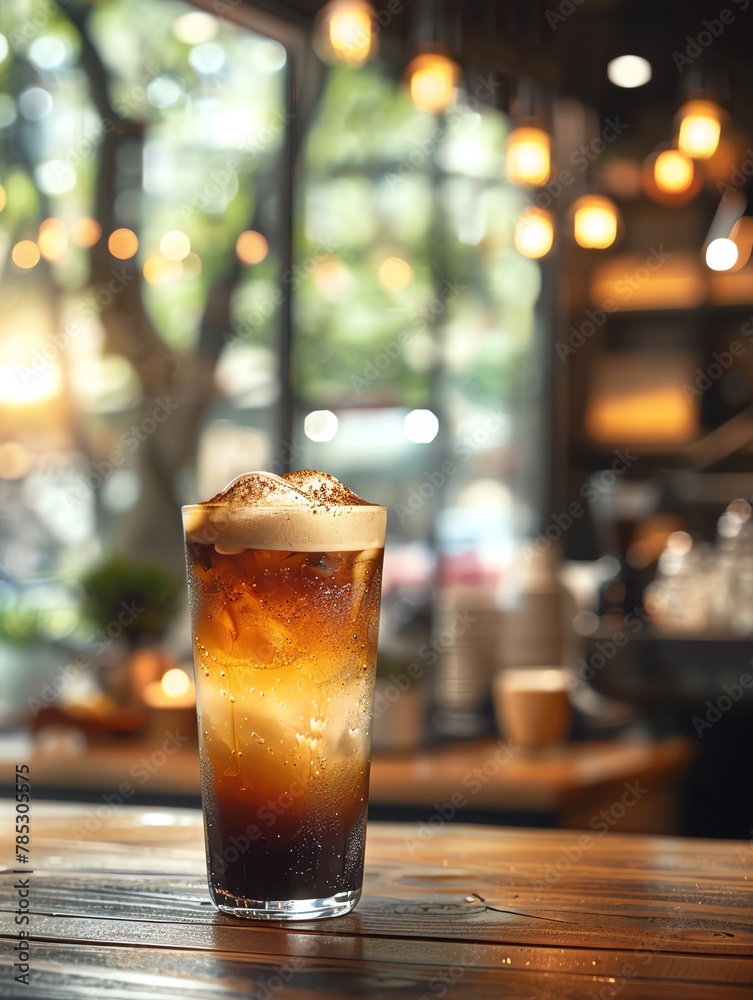 A photo of a glass of iced coffee on a wooden table in a coffee shop. A photo of a glass of iced coffee on a wooden table in a coffee shop.