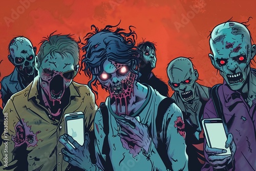 People as zombies with their smartphones. Mental health issue
